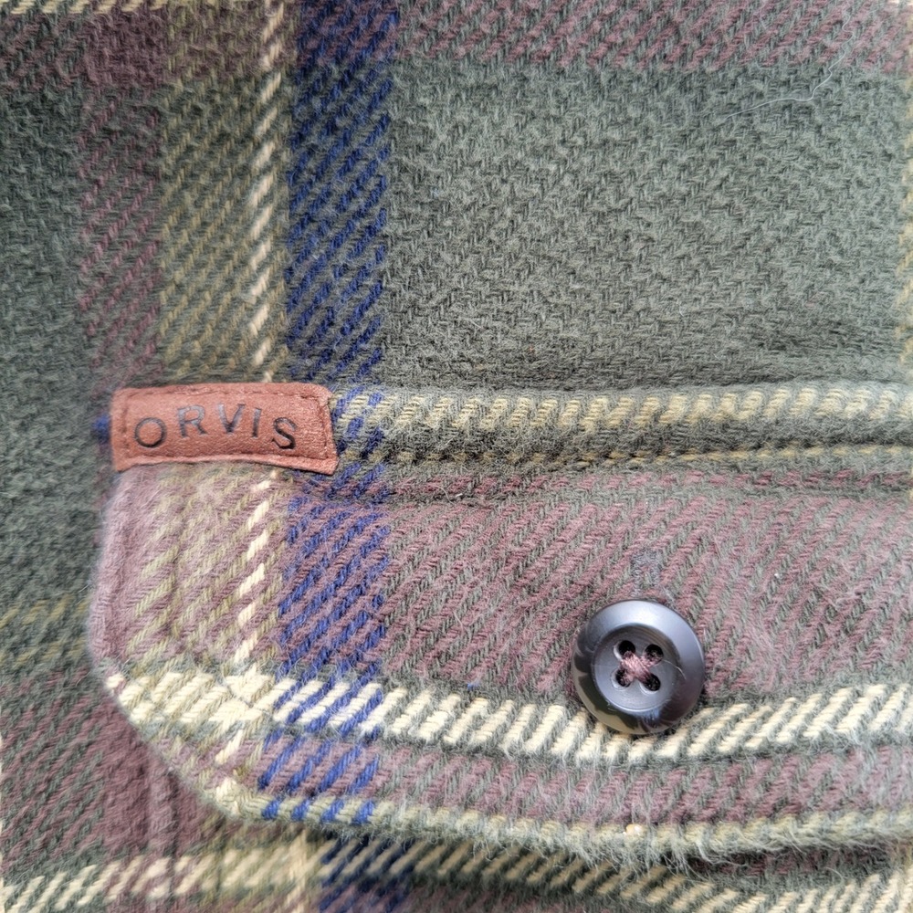 Orvis Mens XL Green Plaid Heavy Cotton Flannel Shirt Jacket Shacket Side Pockets - Picture 8 of 8